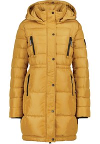 Gele pufferjas met een capuchon, voorzien van een geborduurd oppervlak, zij- en borstzakken met ritssluitingen en zwart accenthardware.