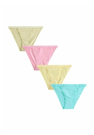 Four women's bikini-cut underwear in pastel green, pink, yellow, and blue, arranged diagonally on a white background.