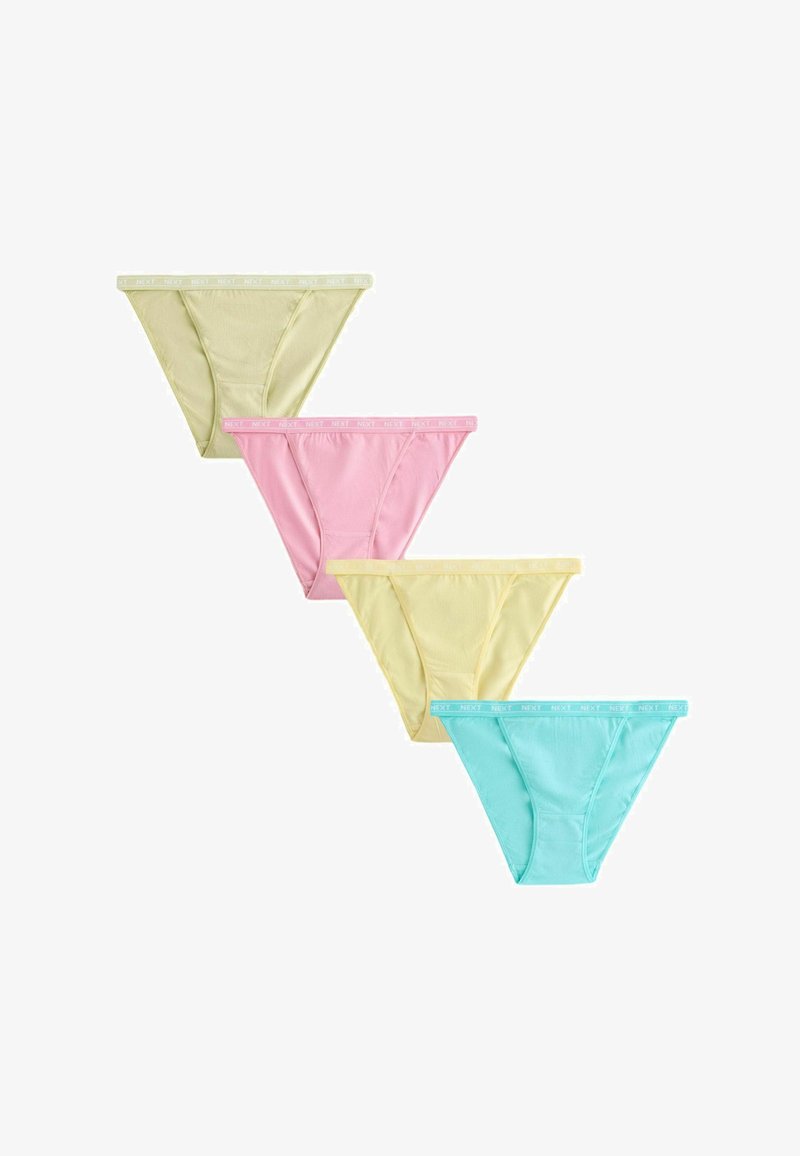 Quatre culottes bikini pour femmes en vert pastel, rose, jaune et bleu, disposées en diagonale sur un fond blanc.