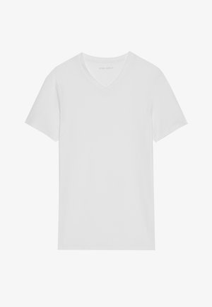 White cotton V-neck t-shirt with short sleeves, featuring a soft texture and a simple, classic design without patterns or accents.