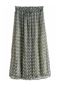 Pleated skirt made of lightweight fabric, featuring a geometric pattern in navy and cream colors. It has an elastic waistband with a drawstring detail.