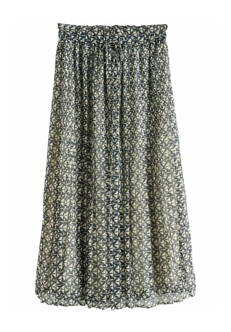 Pleated skirt made of lightweight fabric, featuring a geometric pattern in navy and cream colors. It has an elastic waistband with a drawstring detail.