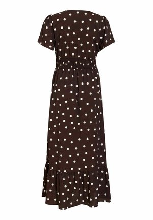 Robe midi marron à pois blancs, manches courtes, taille élastique et ourlet volanté, vue de dos.