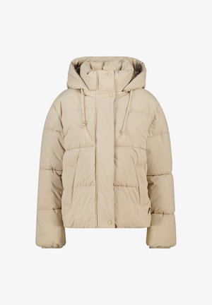 Beige Pufferjacke mit Kapuze, ausgestattet mit einem Frontreißverschluss und Druckknöpfen, großen gesteppten Paneelen und verstellbaren Kordeln an der Kapuze.