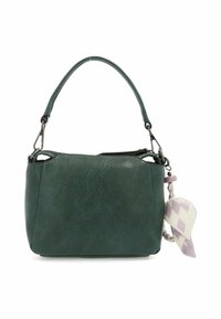 Borsa in pelle verde scuro con manico corto e un accessorio in tessuto a motivo lavanda e bianco attaccato a un lato.