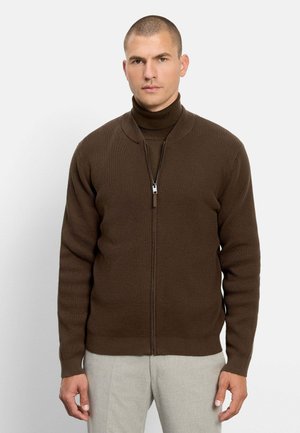 Mann mit kurzen Haaren, der einen braunen, strukturierten Reißverschluss-Pullover über einem braunen Rollkragen und hellgrauen Hosen trägt, stehend vor einem schlichten Hintergrund.