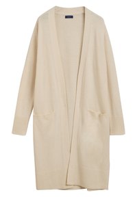 Beige kofta gjord av mjukt stickat material. Öppen framsida med långa ärmar, ribbade muddar och två framfickor.