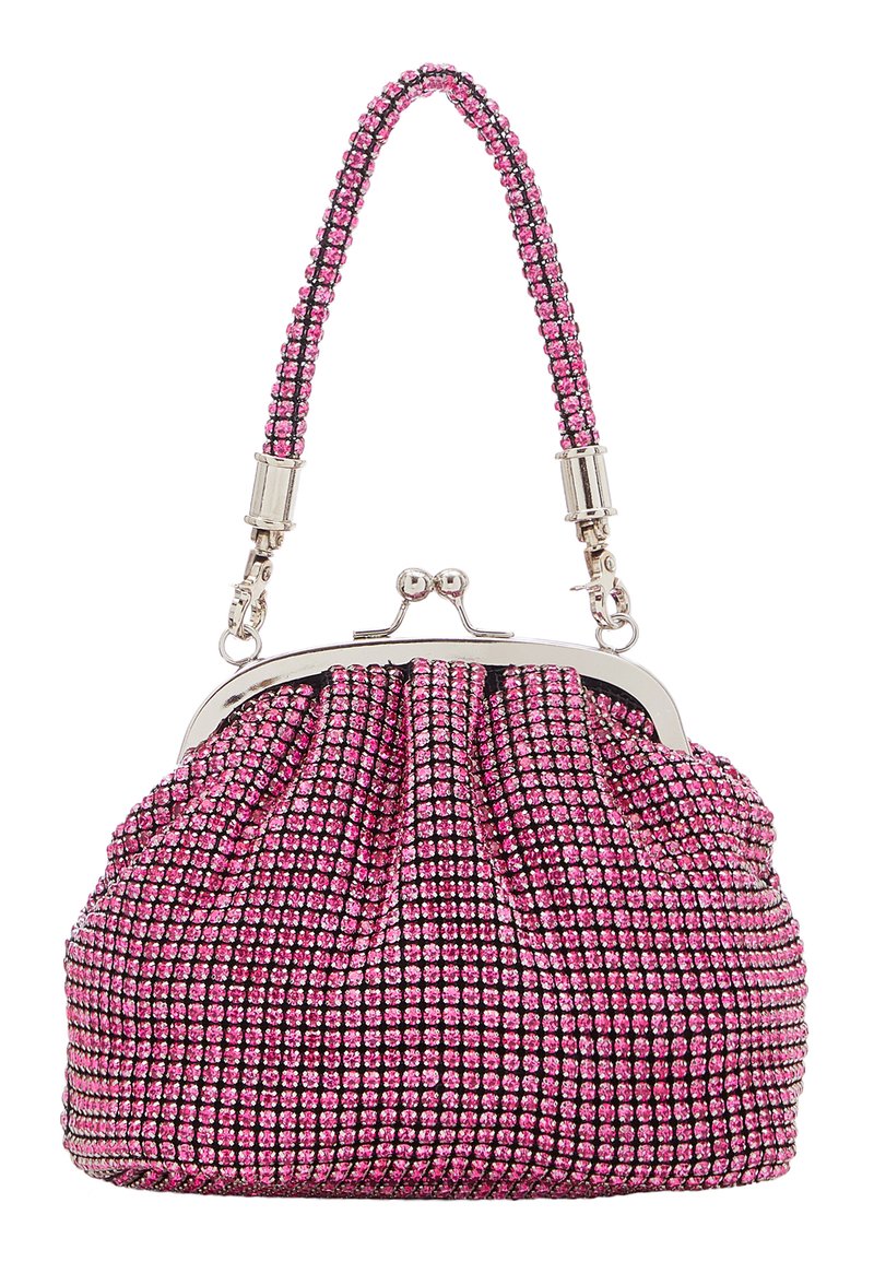 Rosa rhinestone-beklædt håndtaske med en samlet design, metalramme og en perle håndtag. Har en skinnende, struktureret overflade.