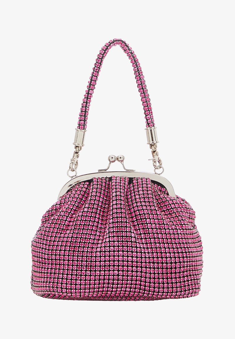 Rosa rhinestone-beklædt håndtaske med en samlet design, metalramme og en perle håndtag. Har en skinnende, struktureret overflade.