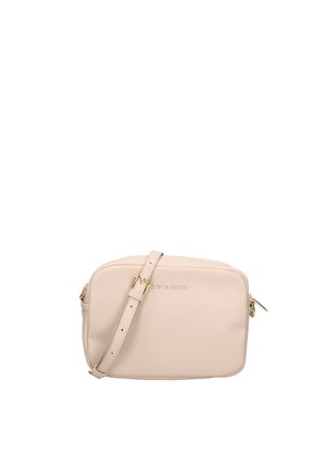Piccola borsa a tracolla rettangolare beige con tracolla regolabile e dettagli in ottone dorato su fibbia e cerniera.
