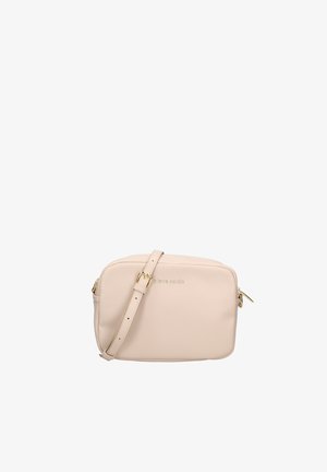Kleine beige rechthoekige crossbodytas met verstelbare riem en details in goudkleurige gespen en ritsen.