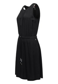 Schwarzes ärmelloses Kleid mit einem gerafften Design, Schlüssel-LOCH-Ausschnitt und verstellbarem Zugband in der Taille. Glattes Material mit dekorativen Perlen.