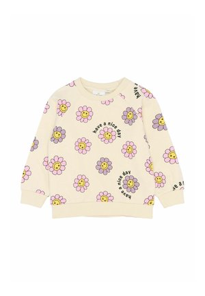 Sukienka dziecięca w kolorze kremowym z różowymi i fioletowymi uśmiechającymi się kwiatami oraz napisem "miłego dnia" drukowanym na czarno.