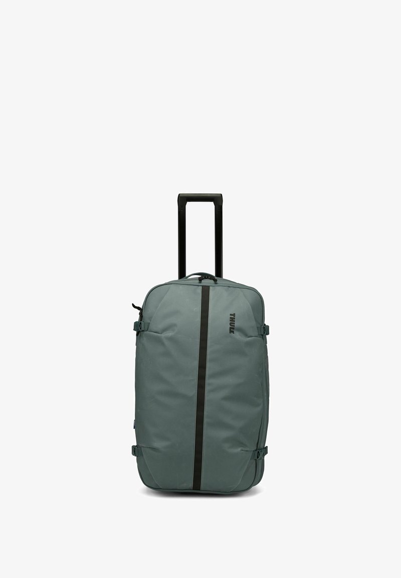 Weichseitiger Rollrucksack aus grauem Stoff, mit einem schwarzen vertikalen Streifen, zwei seitlichen Kompressionsriemen und einem Teleskopgriff.