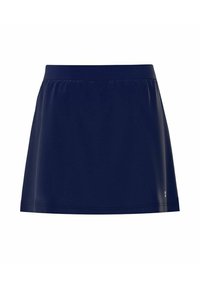 Falda de tenis azul marino hecha de tejido elástico, presenta una cinturilla elástica, un diseño acampanado y una textura suave sin patrones ni acentos.