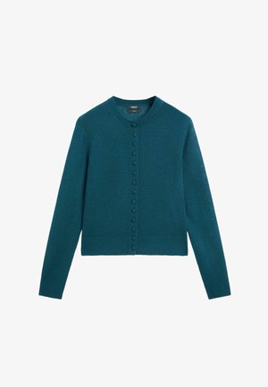 Tealfarbener Strickcardigan mit rundem Ausschnitt, langen Ärmeln und durchgehender Knopfleiste. Strukturierter Stoff und figurbetontes Design, endet auf Taillenhöhe.