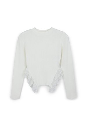 Pull en maille blanche à manches longues avec un design court, comprenant des accents de volants en dentelle le long de l'ourlet et des côtés. Texture douce sur l'ensemble.