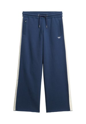 Marineblauwe wijde joggingsbroek met witte zijstrepen, elastische tailleband met trekkoord, voorzakken en een klein "Super Dry" logo op de dij.