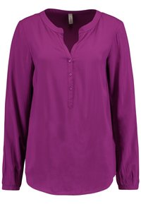 Långärmad blus i livfullt lila. Har en rund halsringning med knappslå och elastiska ärmslut. Slätt, lätt material.