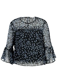 Schwarze transparente Bluse mit hellblauen Punkten, weit auslaufenden langen Ärmeln, Rundhalsausschnitt und Knopfverschluss im Rücken. Leichter Stoff.