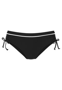 Parte inferiore di bikini nera con lacci regolabili ai lati, caratterizzata da due strisce bianche orizzontali sulla parte anteriore. Tessuto liscio, design classico.
