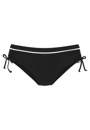 Black bikini bottom with adjustable tie sides, featuring two horizontal white stripes across the front. Smooth texture, classic design.