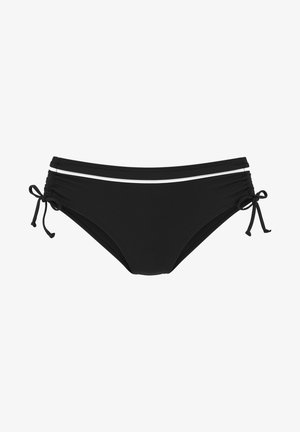 Zwarte bikini broek met verstelbare strikzijden, voorzien van twee horizontale witte strepen aan de voorkant. Gladde textuur, klassiek ontwerp.