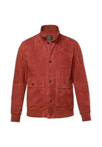 Chaqueta de ante roja con cuello alto, cierre de botones en el frente, dos bolsillos delanteros y puños acanalados. Textura suave con un acabado mate.