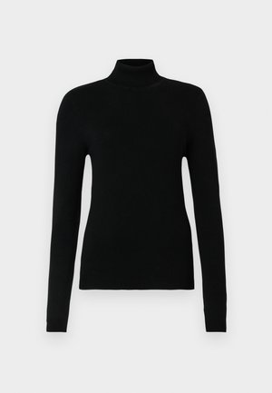 Czarny sweter z golfem, wykonany z miękkiego, elastycznego materiału. Posiada długie rękawy, dopasowany krój oraz ribbowane wykończenie kołnierza i dołu.