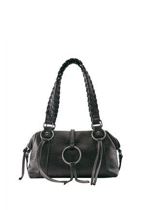 Black leather handbag with braided handles, silver metal ring detail, and decorative leather straps on a white background.