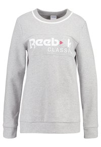 Felpa grigia con maniche lunghe, scollatura tonda e logo Reebok bianco sul petto. Realizzata in morbido materiale misto cotone.