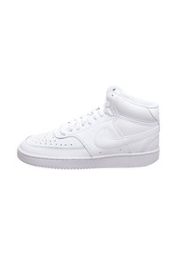 Baskets montantes blanches avec un upper en cuir texturé, un bout perforé et une semelle en caoutchouc. Comprend un logo et des lacets blancs.