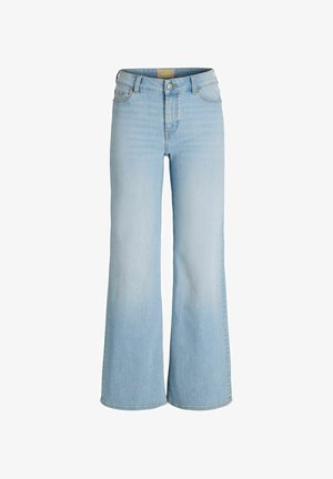 Jeans svasati in denim azzurro chiaro con vita alta, dotati di cinque tasche, passanti per cintura e un delicato effetto slavato.