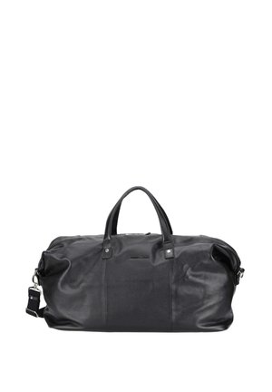 Sac de voyage en cuir noir avec deux poignées et une bandoulière amovible, conçu pour les voyages ou l'utilisation en salle de sport.