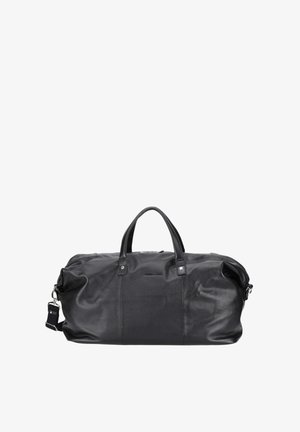 Sac de voyage en cuir noir avec deux poignées et une bandoulière amovible, conçu pour les voyages ou l'utilisation en salle de sport.