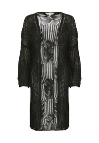 Cardigan nero aperto davanti in pizzo con motivo floreale. Presenta maniche a tre quarti e una vestibilità rilassata, creando una silhouette fluida.