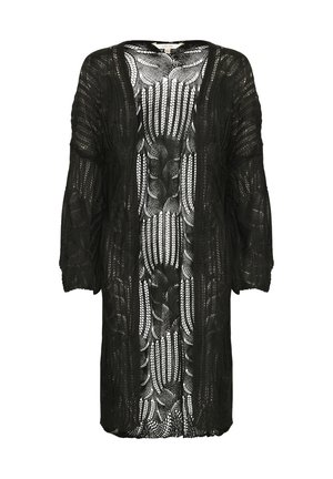 Schwarze, offen tragbare Strickjacke aus Spitze mit floralem Muster. Hat Dreiviertelärmel und eine lockere Passform, die eine fließende Silhouette schafft.