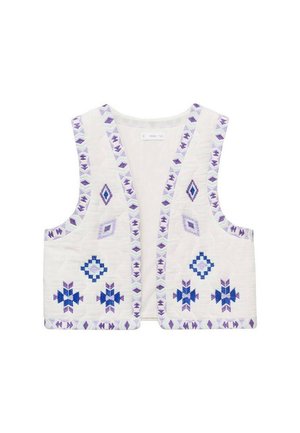 Quilted white vest with purple geometric embroidery, featuring a V-neckline and open front. Textured fabric and patterned accents throughout.