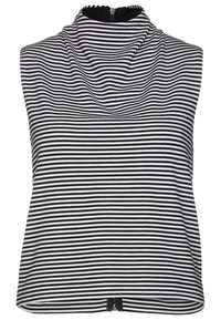 Haut sans manches à rayures horizontales noir et blanc avec un col haut entonnoir et un détail zippé au dos et à l’ourlet inférieur.