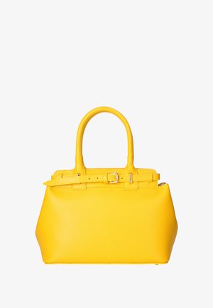 Gele leren handtas met twee korte handvatten, een rechthoekige vorm, gestructureerd ontwerp en een gespdetail op de voorste riem.