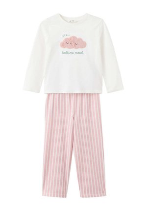 Long-sleeve white top with pink sleeping cloud and "bedtime mood" text, paired with pink and white striped pants pajama set.