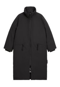 Schwarzer langer Mantel mit hohem Kragen, Reißverschluss vorn, zwei vorderen Taschen und verstellbaren Kordeln. Glattes Material und minimalistisches Design.