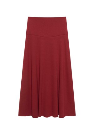 Jupe midi taille haute, forme trapèze, en tissu uni d'un rouge profond, avec une ceinture lisse et un tombé fluide et doux.