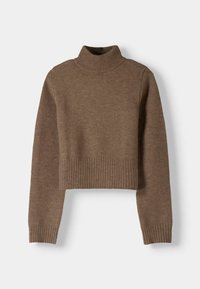 Maglione marrone a collo alto tagliato, realizzato in tessuto lavorato a maglia. Presenta polsini e orlo a coste con una texture liscia. Design semplice e minimalista.