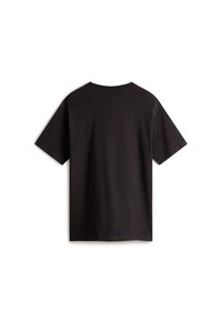 Černé tričko s krátkým rukávem, kulatým výstřihem, vyrobené z bavlněné směsi. Jednoduchý design s hladkou texturou, žádné viditelné vzory nebo grafika.