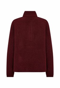 Bordeaux fleece jack met een hoge kraag, textuur op het oppervlak, en lange mouwen, met een relaxte pasvorm en eenvoudig ontwerp.