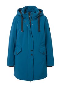 Tyrkysová nepromokavá parka s kapucí, vybavená černými stahovacími šňůrkami, dvěma předními kapsami a knoflíkovým zapínáním. Hladká tkanina s moderním střihem.