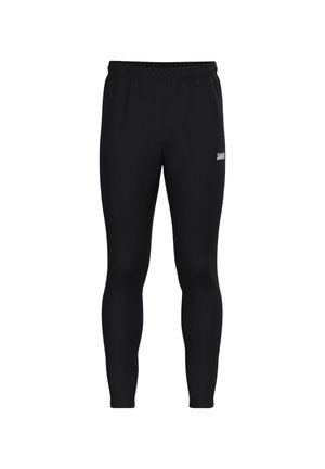 Zwarte slim-fit sportbroek met elastische tailleband en klein wit "JAKO" logo op het bovenbeen.
