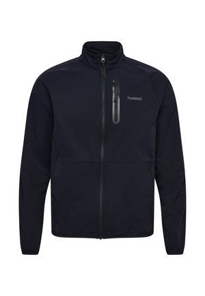 Sort lynlåsjakke med høj krave, lange ærmer, lynlåslomme på brystet og "hummel" logo på venstre bryst.