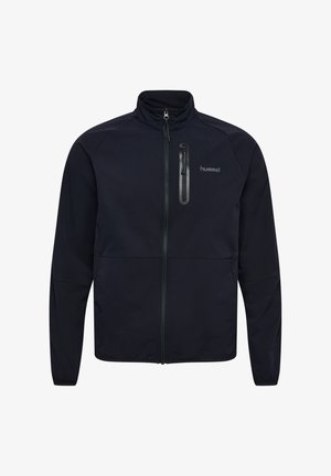 Czarna kurtka na zamek błyskawiczny z wysokim kołnierzem, długimi rękawami, kieszenią na piersi zapinaną na zamek i logo "hummel" na lewej piersi.